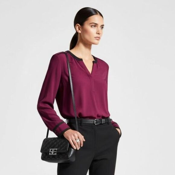 Karl Lagerfeld Magenta Contrast Trim Pintuck Blouse Size Medium NWT - Picture 1 of 9